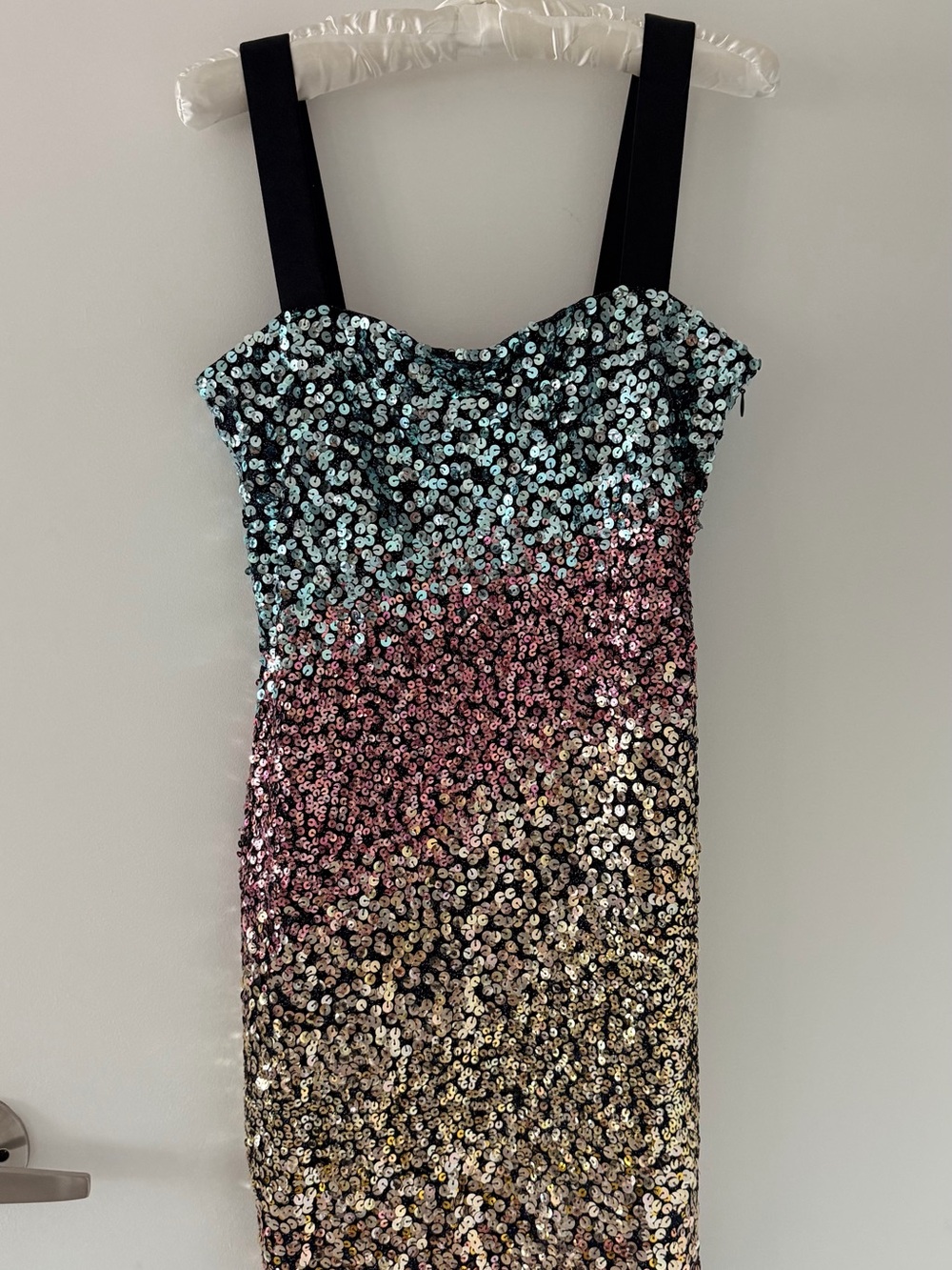 CHANEL Sequin Ombre Strapless Dress in Aqua, Pink & Gold with Black Straps